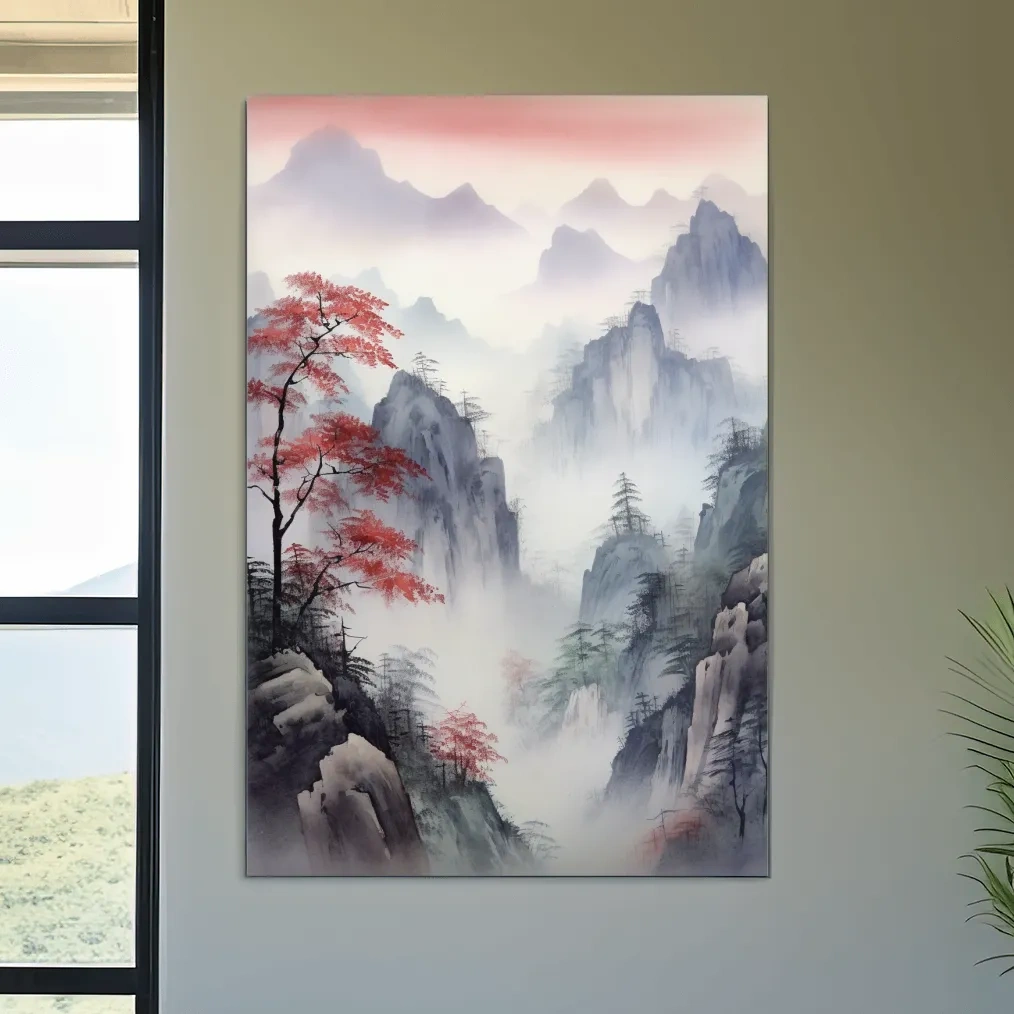 Chinese style ink wash watercolour painting of a foggy mountain scene