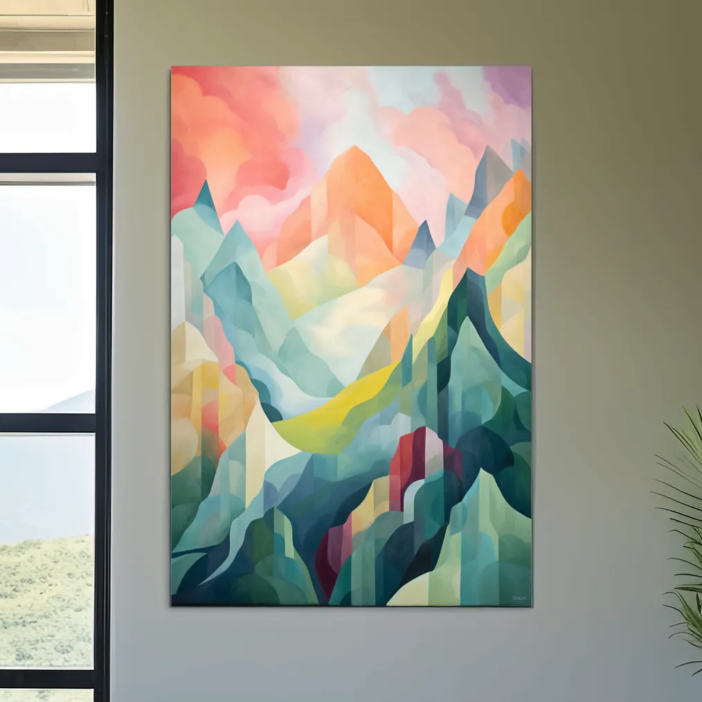 Abstract painting of mountains at sunset
