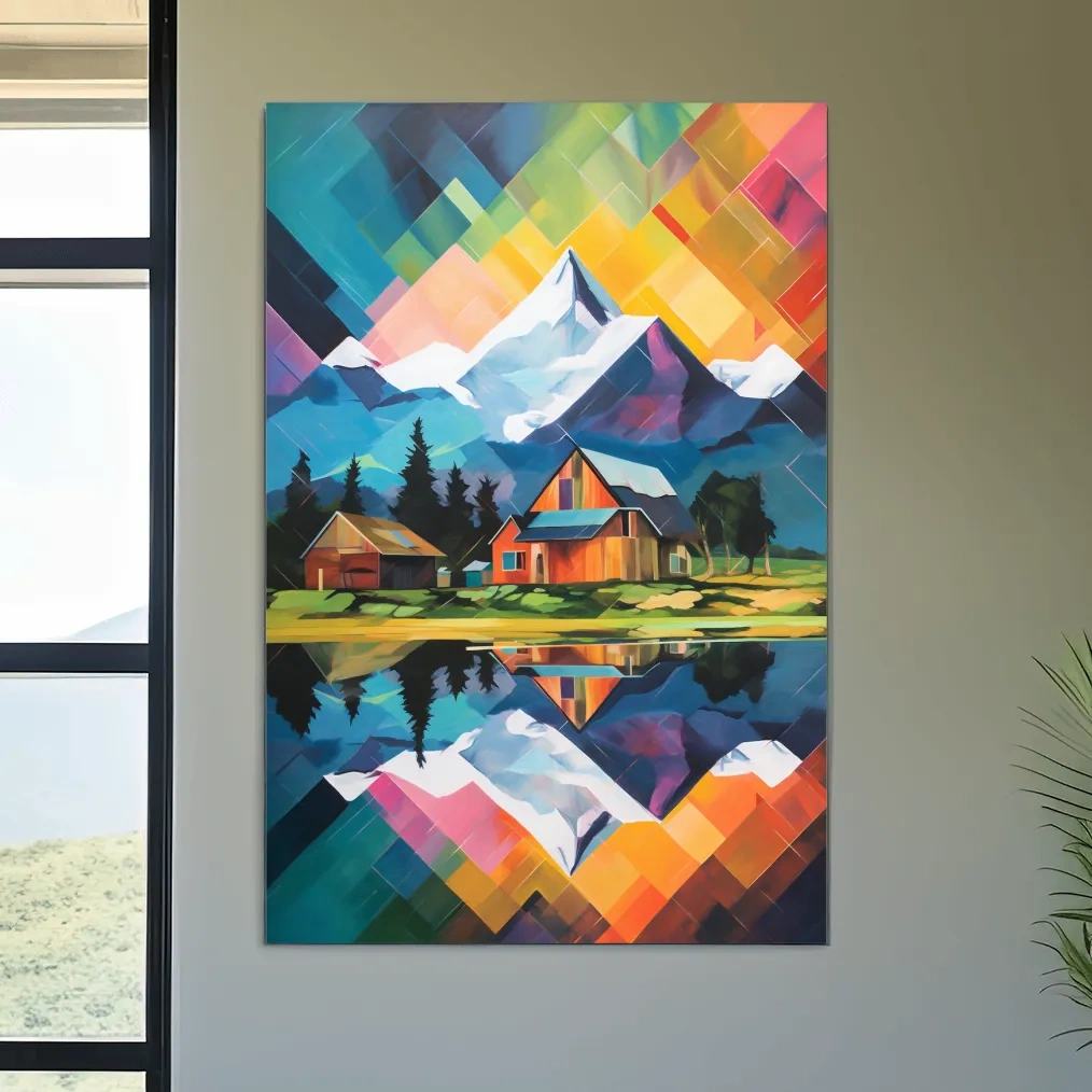 Vibrant Geometric Mountain Cabin Painting - Colorful Abstract Alpine Wall Art
