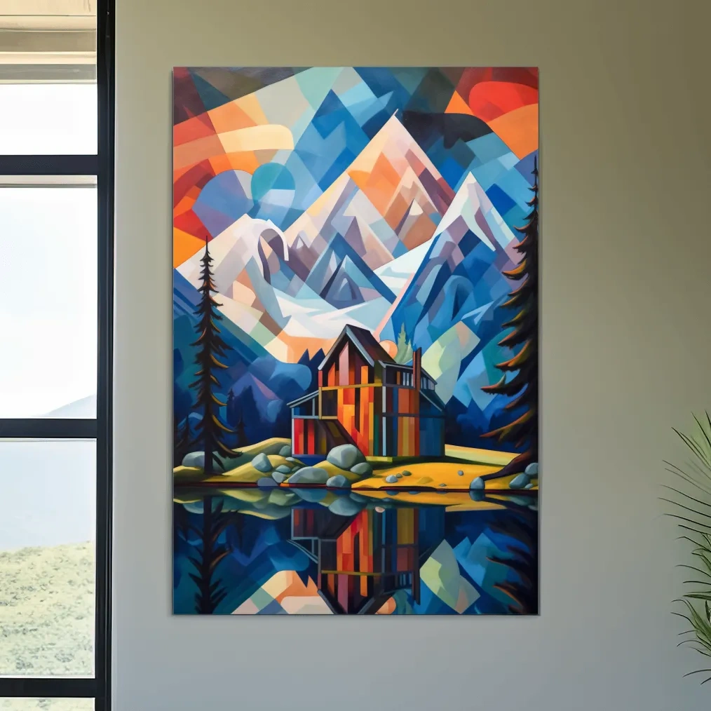 Vibrant Geometric Mountain Lake Cabin Painting - Abstract Alpine Wall Art