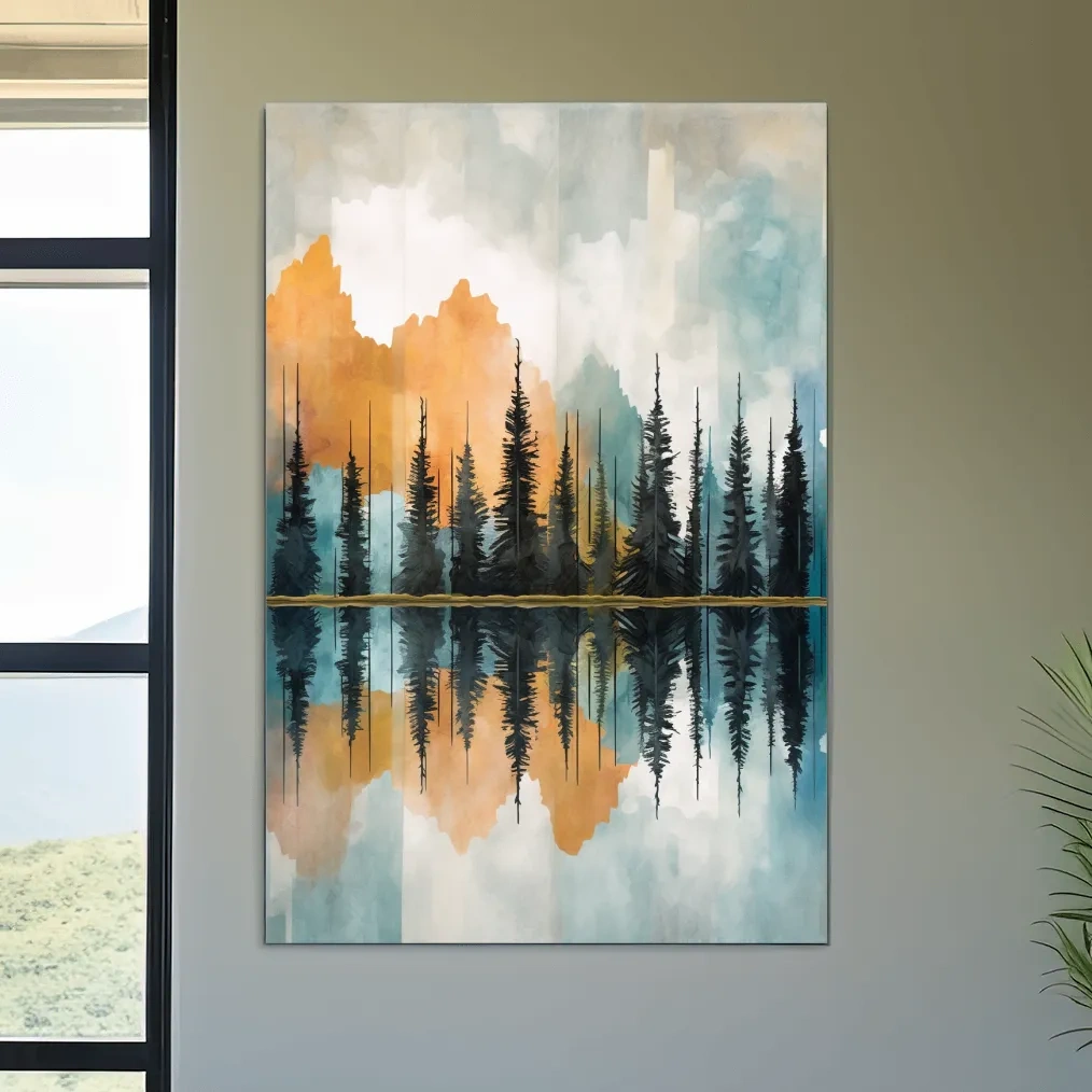 Abstract watercolour painting of trees along a lake