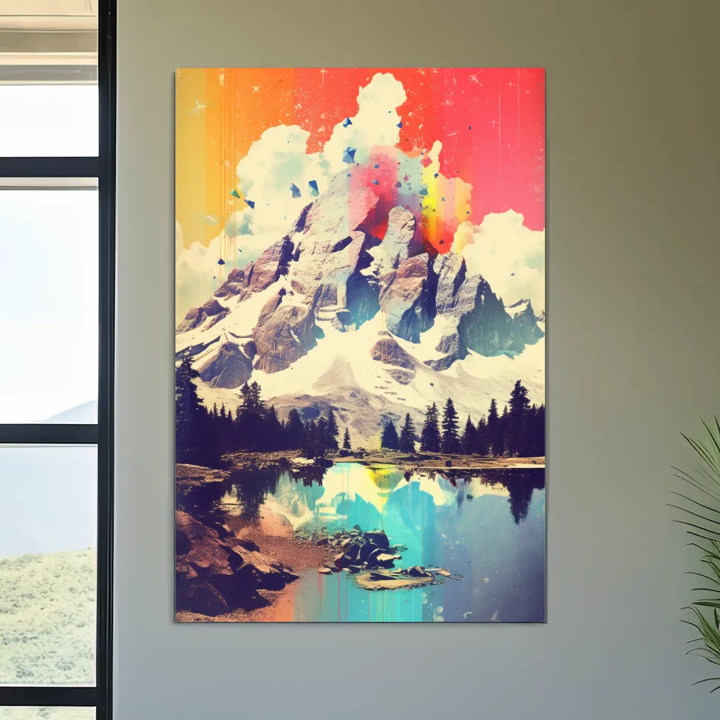 Colourful abstract painting of a mountain and lake
