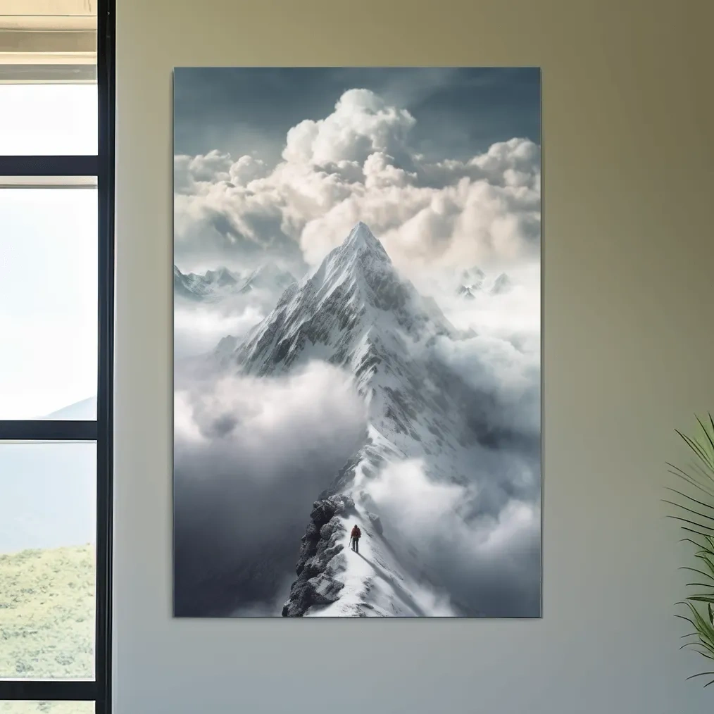 Painting of a person approaching the summit of a snowy mountain
