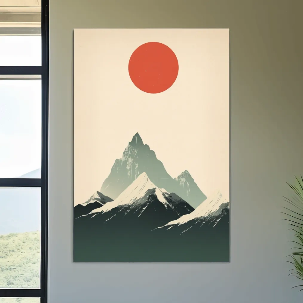 Japandi style minimalistic art of the sun over snow capped mountains