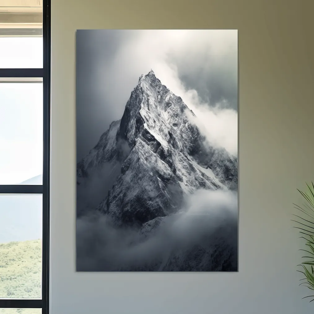 Photographic art, ominous snow capped mountain in the clouds