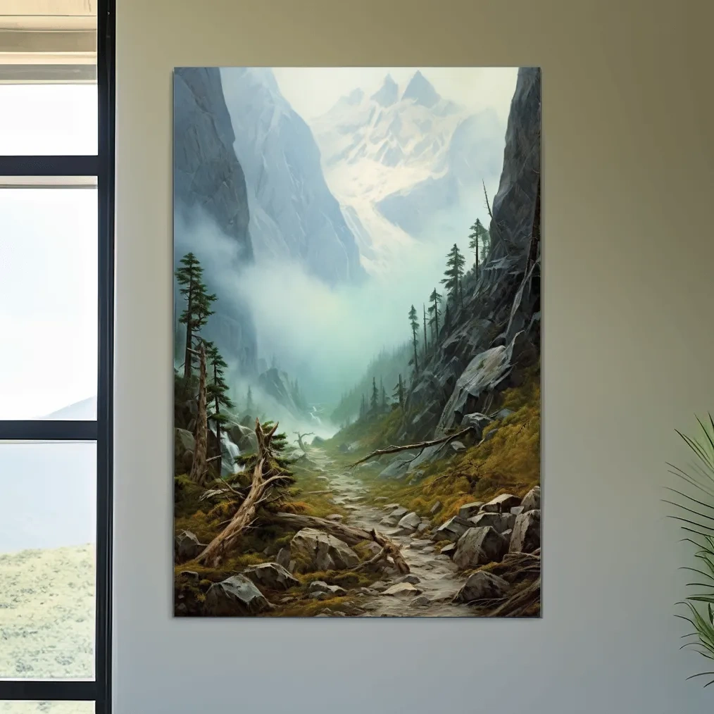 Painting of a foggy alpine scene
