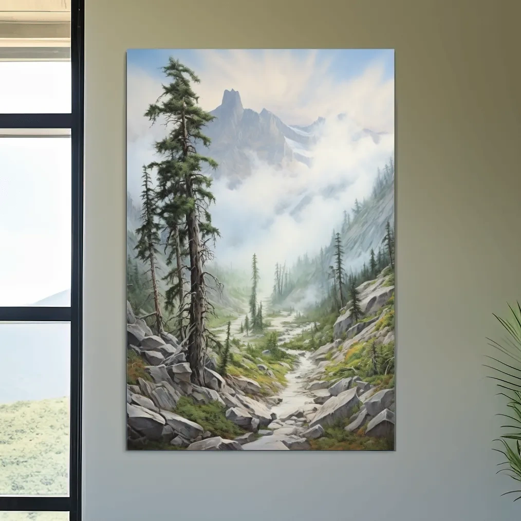 Painting of a trail leading into a foggy alpine scene
