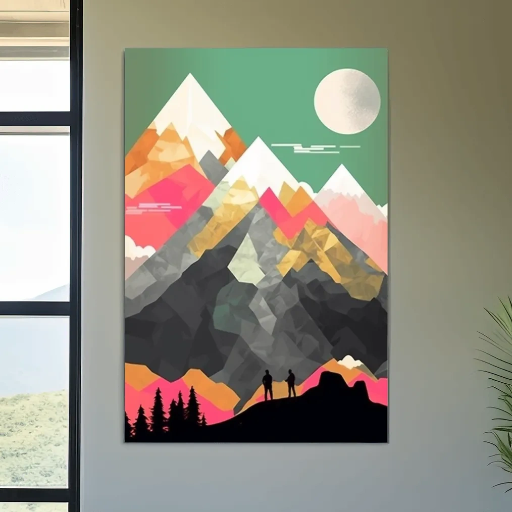 Simple flat colour 2d mountain art, colourful mountain ranges