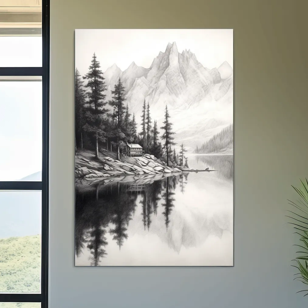 Lead pencil drawing of a cabin by an alpine lake