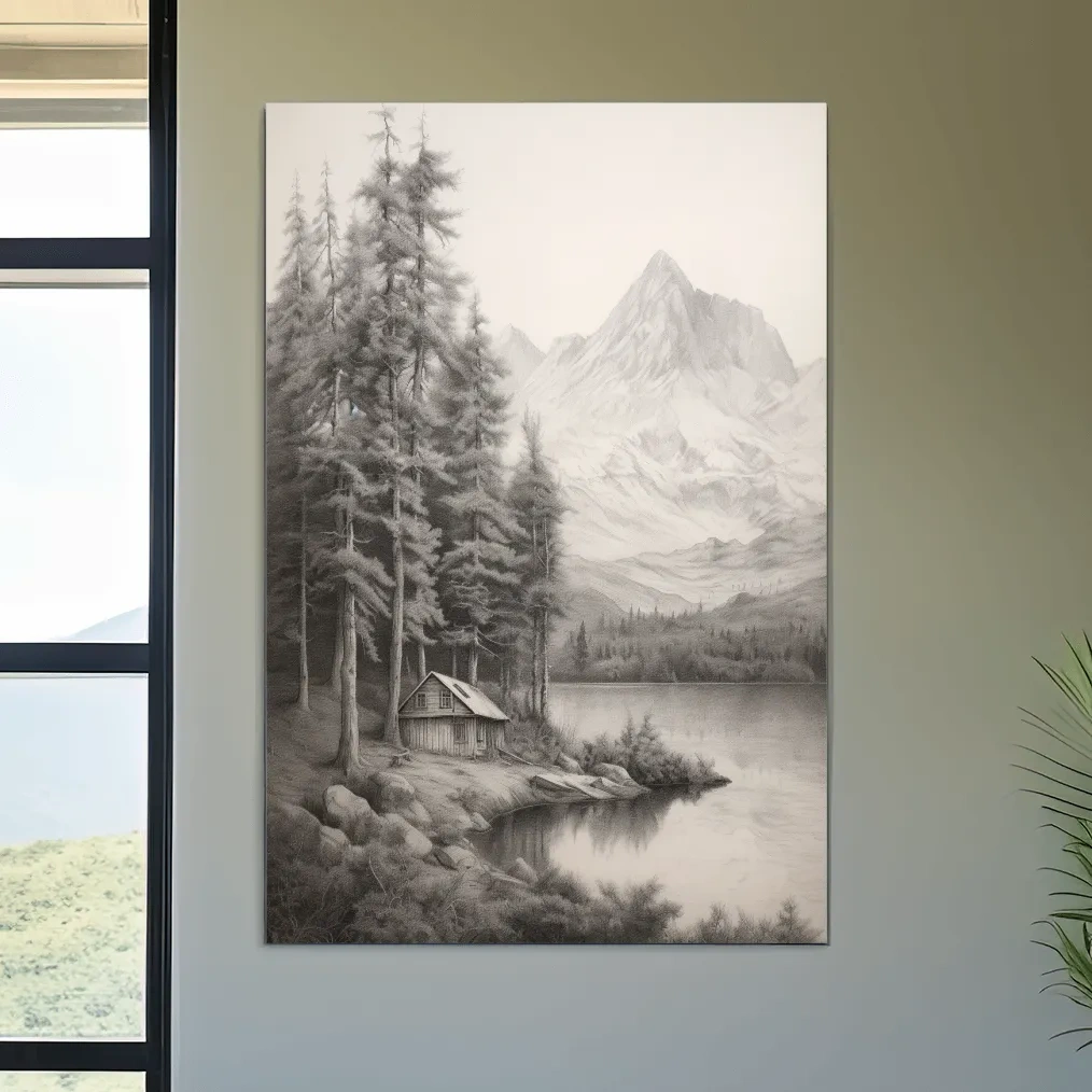Lead pencil drawing of a cabin by an alpine lake