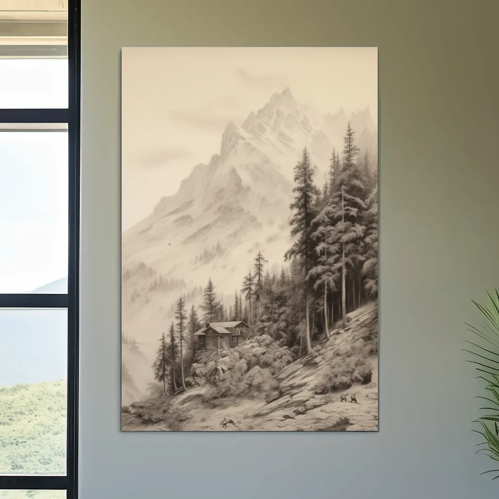 Lead pencil drawing of a cabin by a glacier