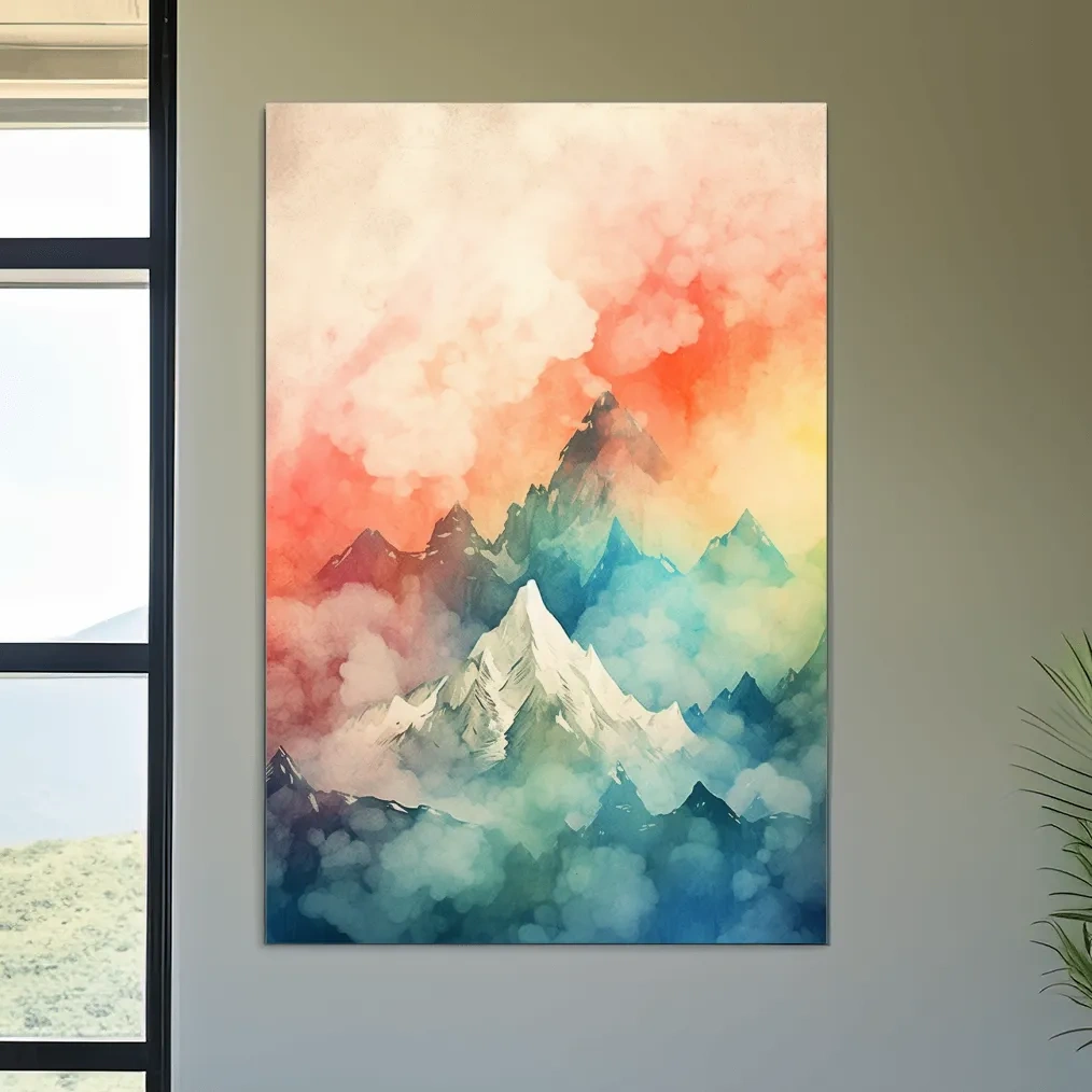 Colourful watercolour painting of a mountain landscape