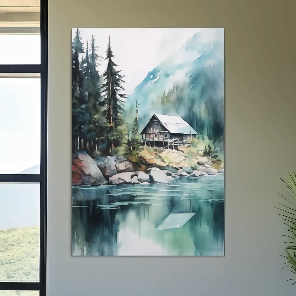 Watercolour painting of a cabin by a lake
