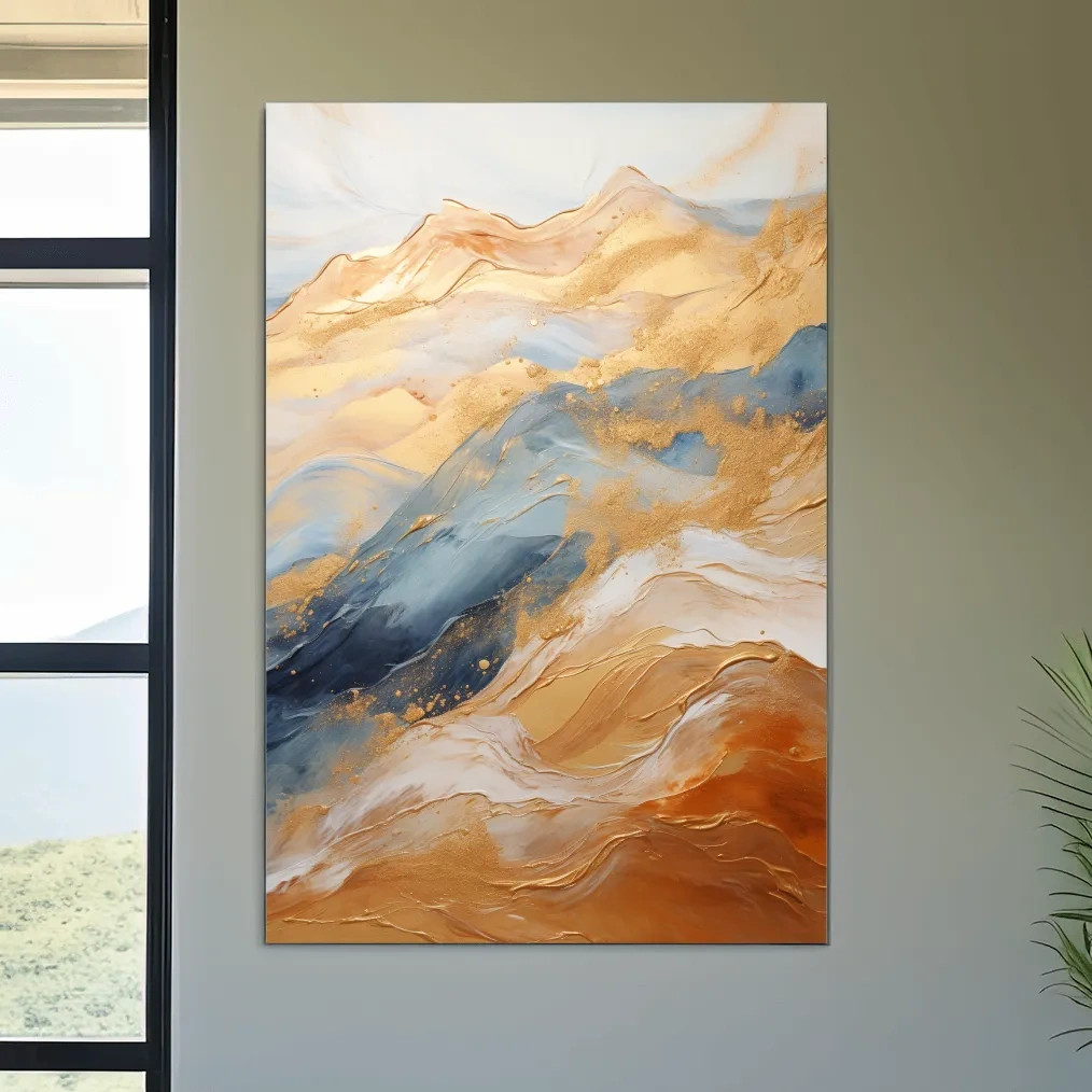 Abstract Gold And Blue Mountain Landscape - Modern Fluid Marble Wall Art