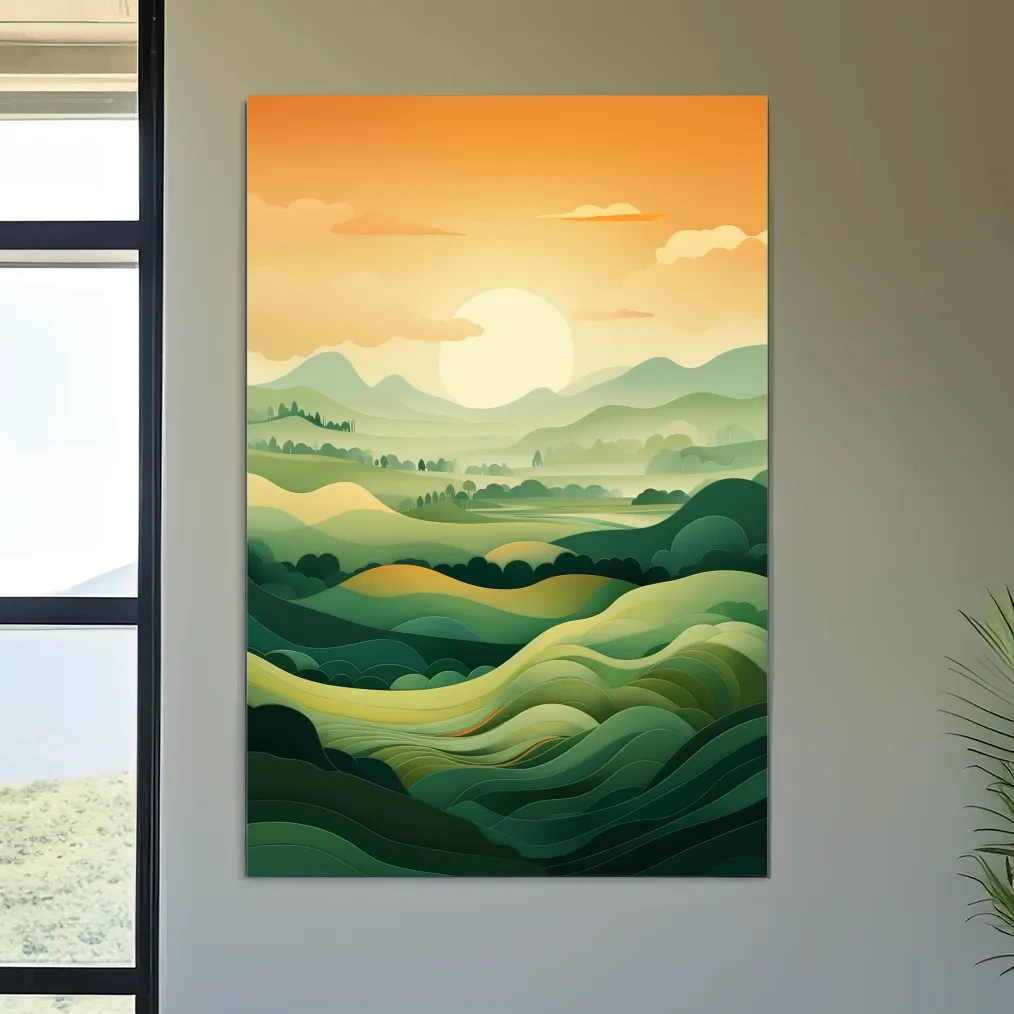 Illustration of rolling green hills at sunset
