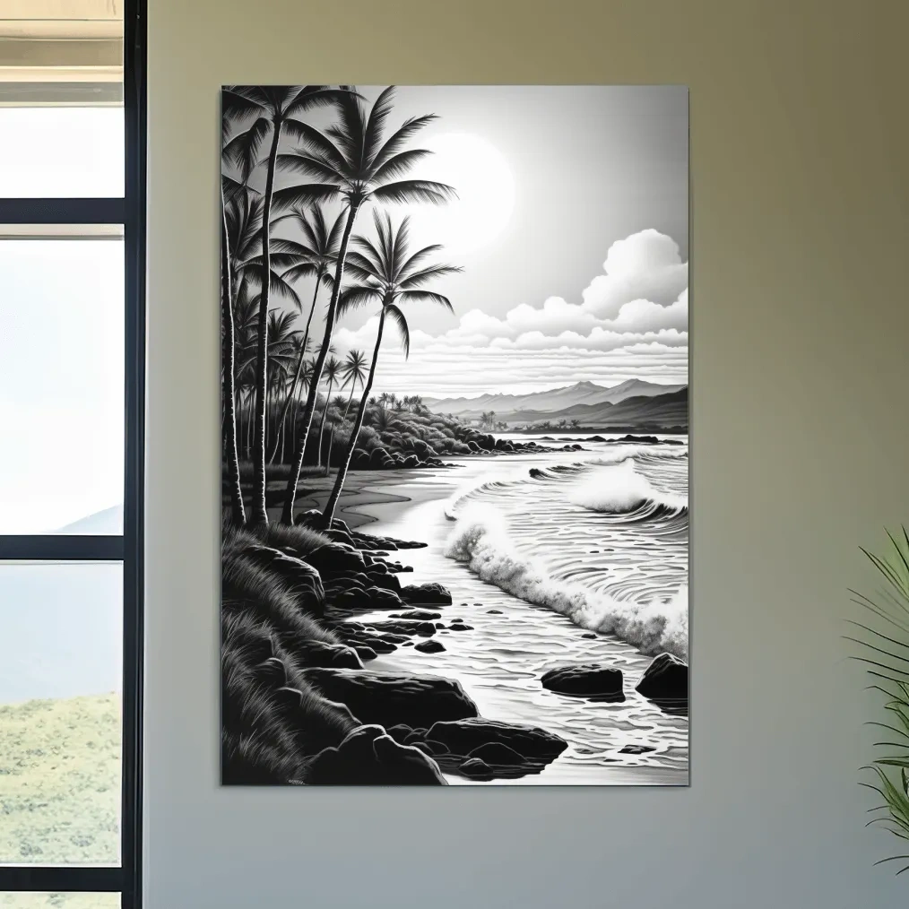 Black and white drawing of a tropical beach mountain scene