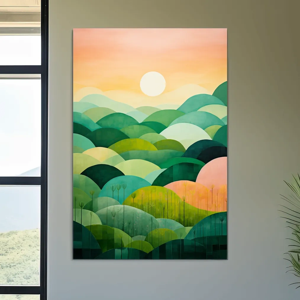 Rolling green abstract hills at sunset