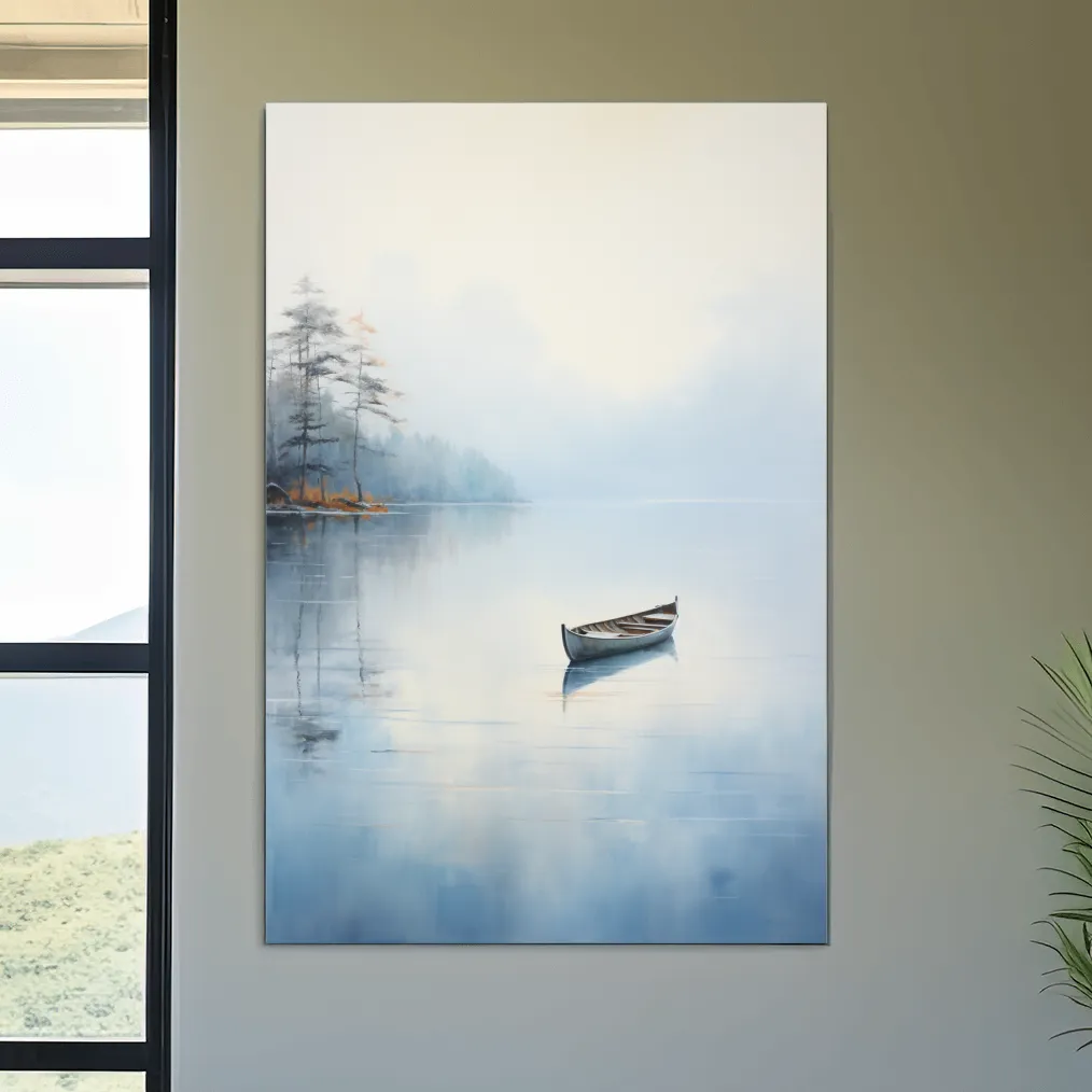 Watercolor painting, canoe on a misty lake