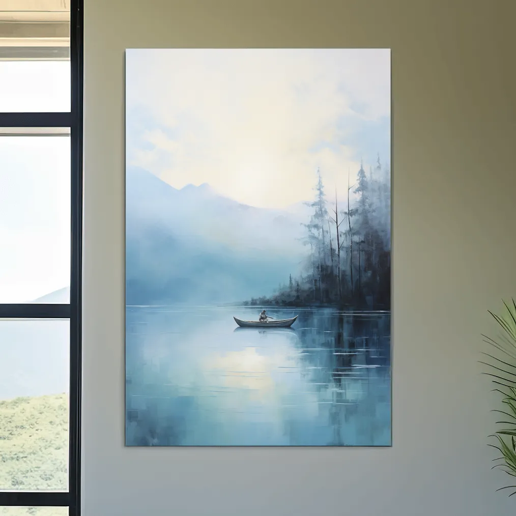 Painting of a fisherman on a torquoise lake