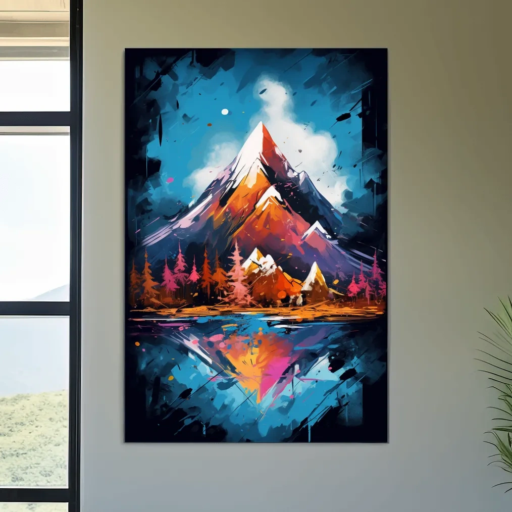 Vibrant Abstract Alpine Lake Painting - Colorful Mountain Forest Wall Art