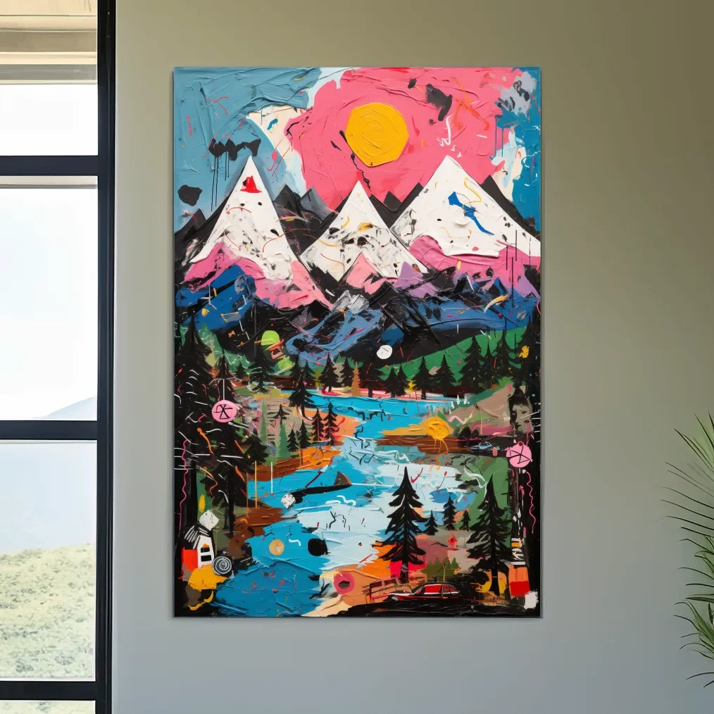 Bold abstract painting of an alpine mountain scene