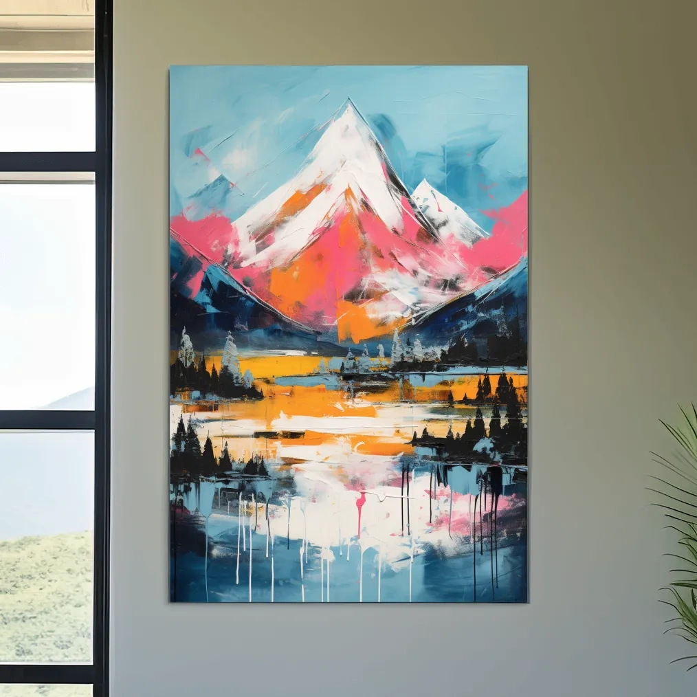 Bright painting of a snow capped mountain