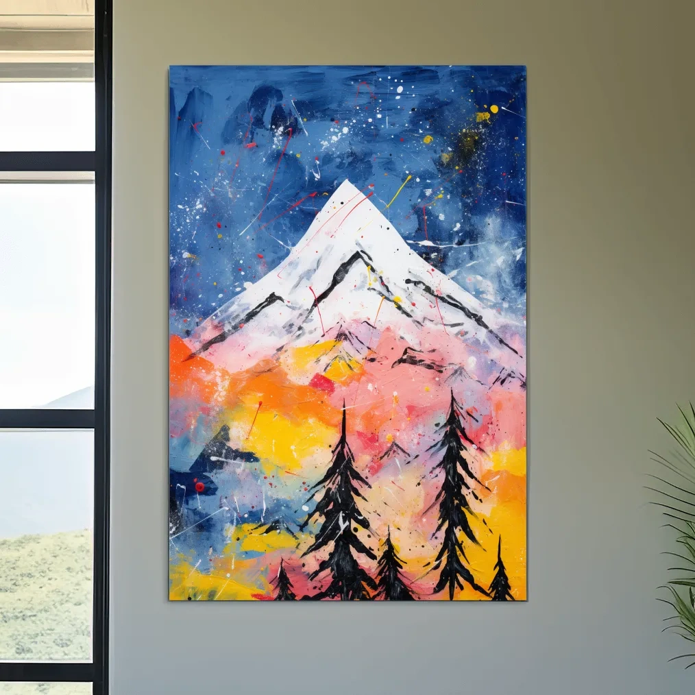 Textured simple abstract colorful mountain painting