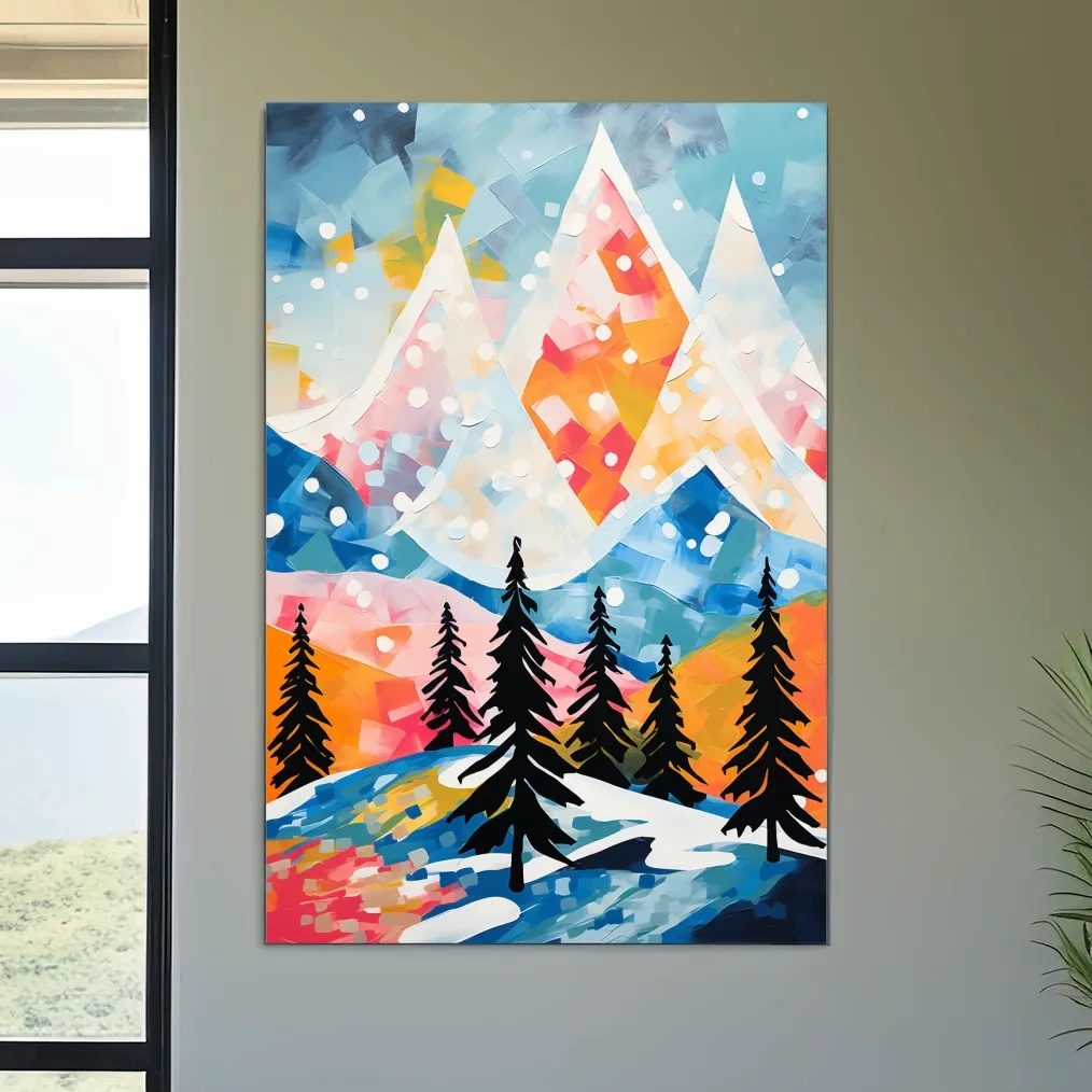 Simple colourful abstract painting of a snowy mountain scene