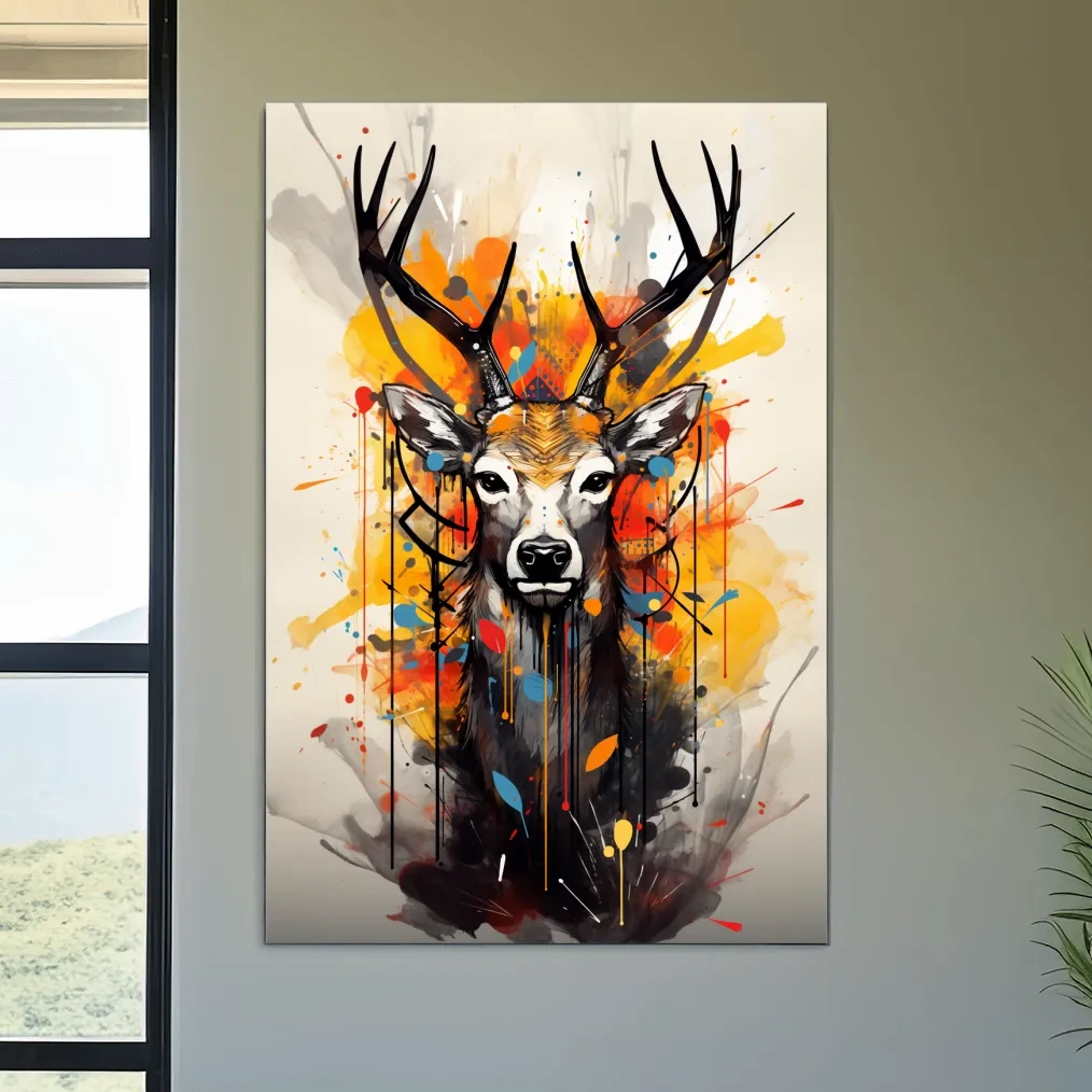 Abstract splattered painting of a deers head