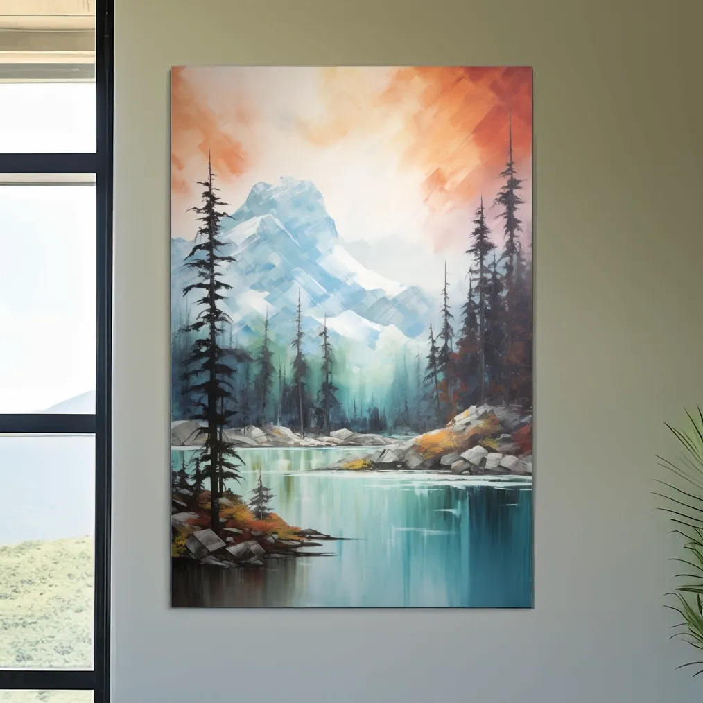 Turquoise Alpine Lake & Pine Forest Sunset Watercolor - Serene Mountain Landscape Wall Art