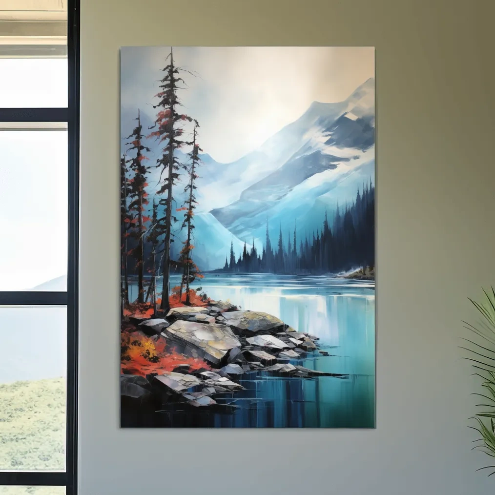 Serene painting, trees on a torquoise alpine lake