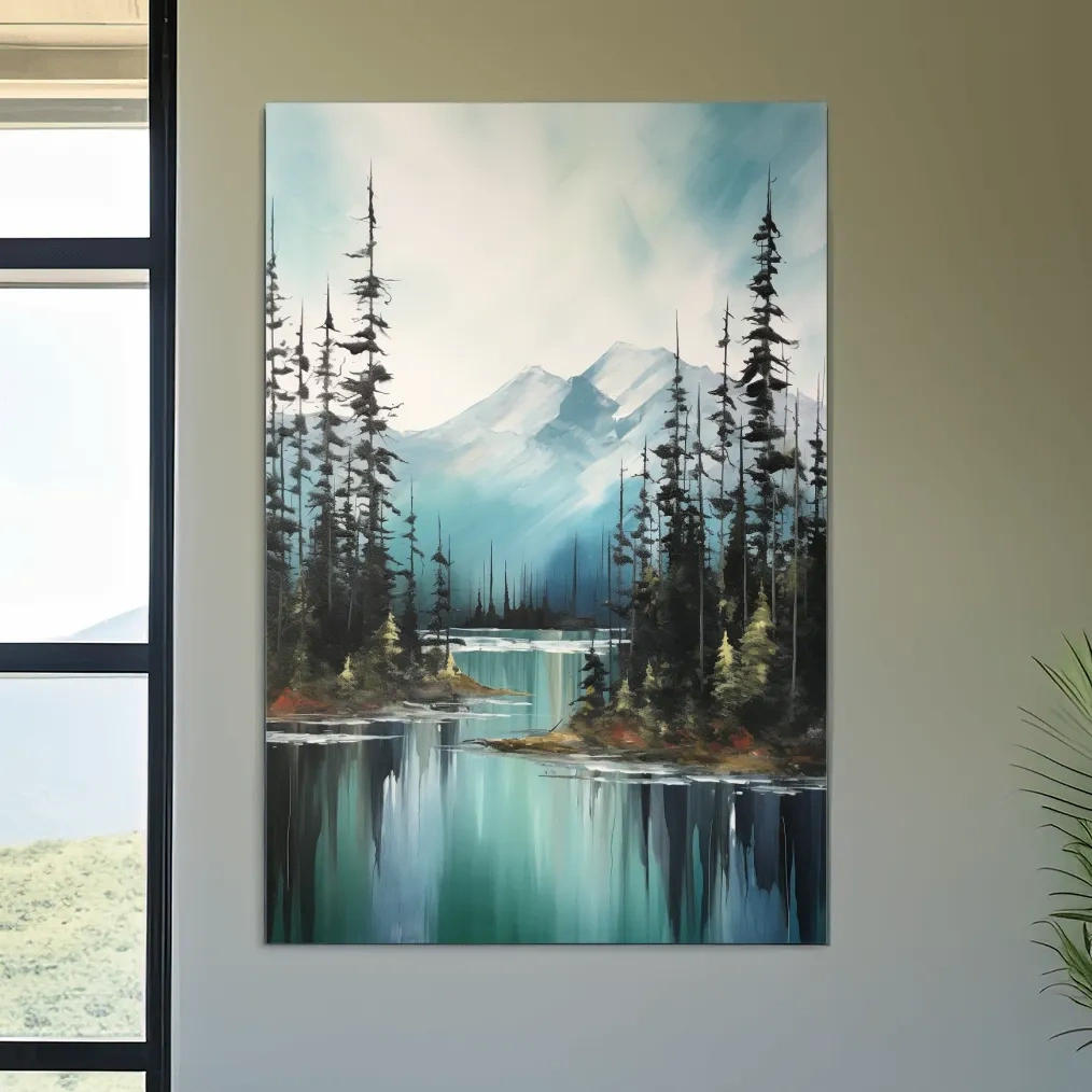 Serene mountain painting, turquoise lake in the alpine