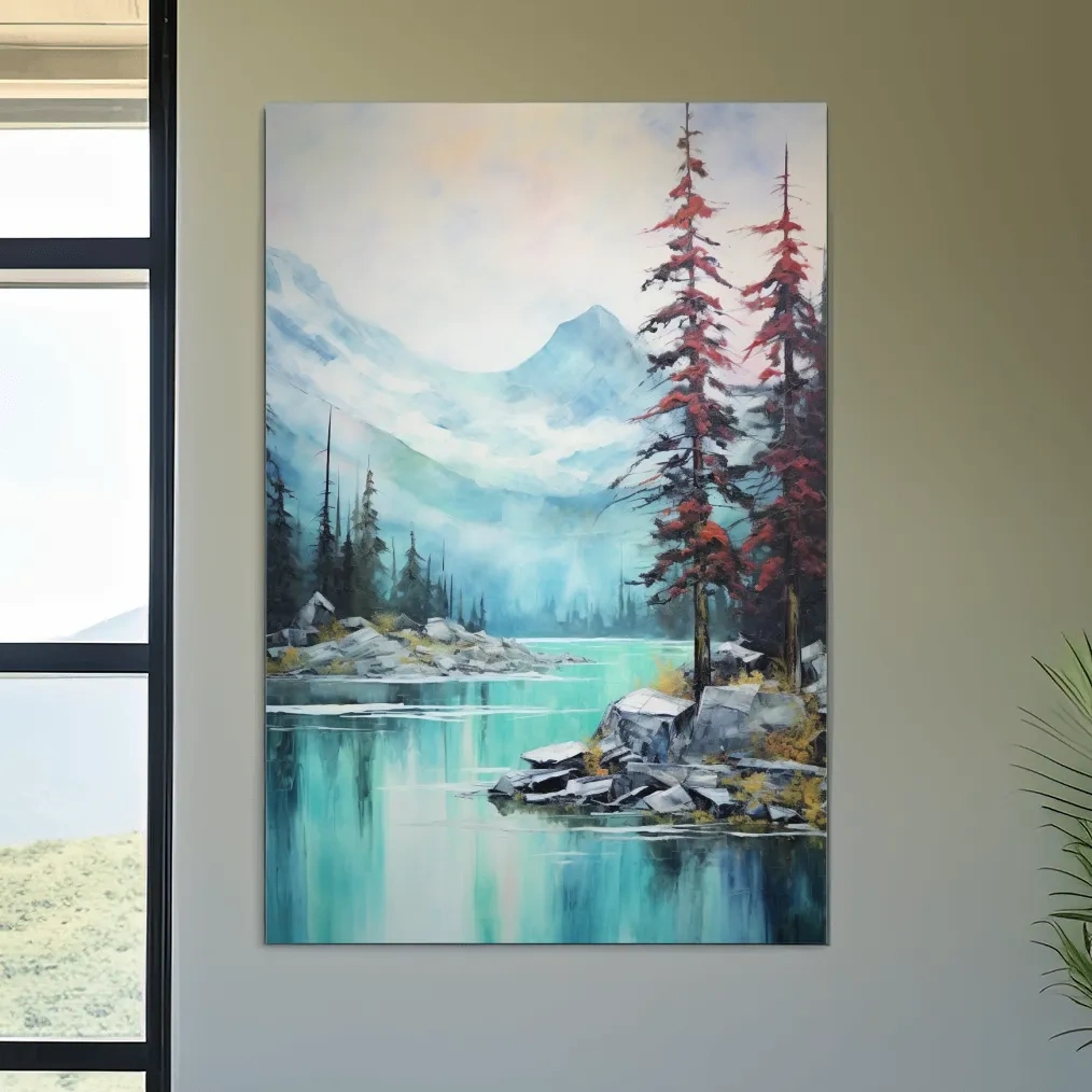 Misty Turquoise Alpine Lake Watercolor - Serene Mountain Landscape Wall Art