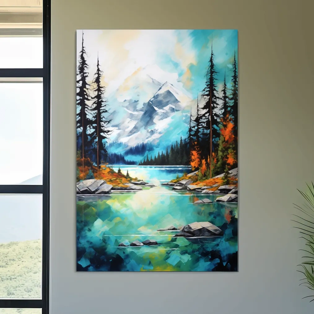 Torquoise alpine lake painting in the fall