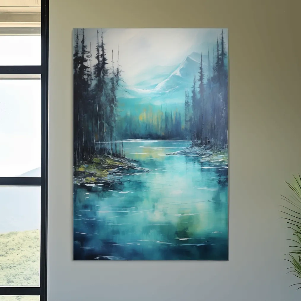 Thick oil painting, trees on a torquoise alpine lake