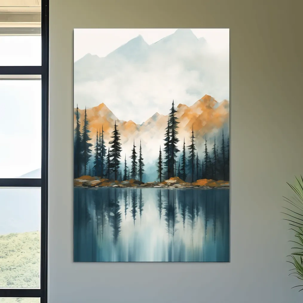 Trees on a beautiful alpine lake, mountain scenery painting