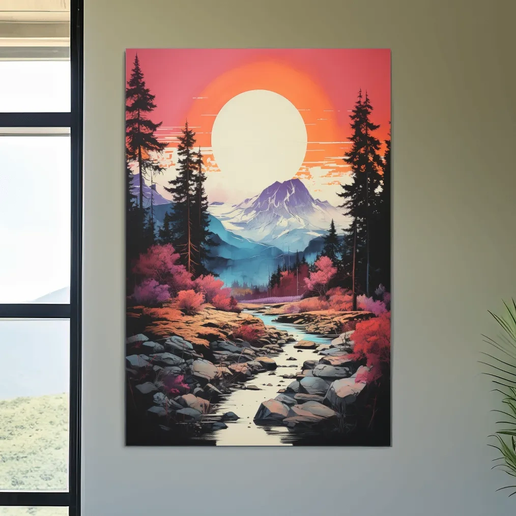 Colorful alpine scene at sunset, illustration