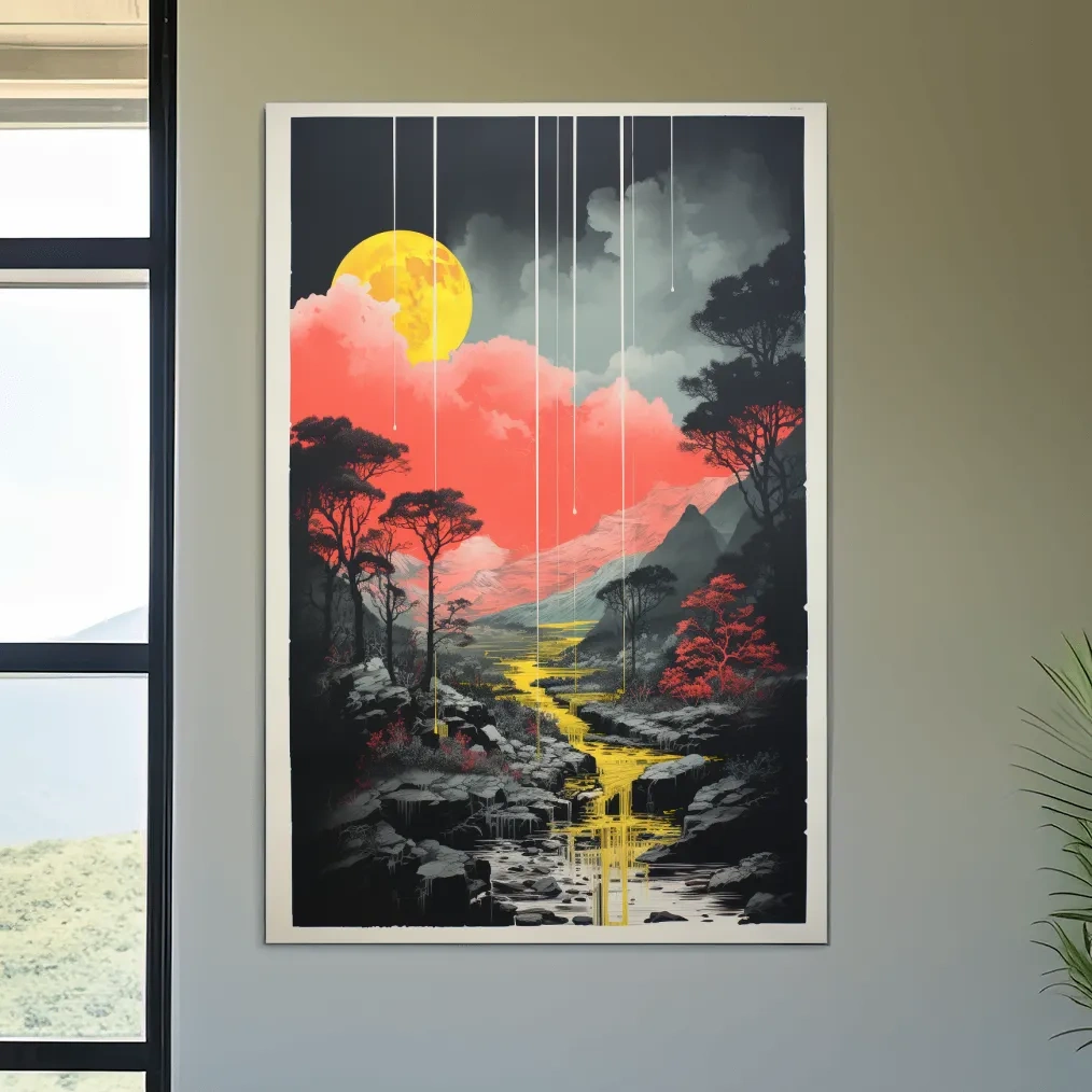 Surreal Moonlit Mountain River Landscape - Fantasy Nature Wall Art