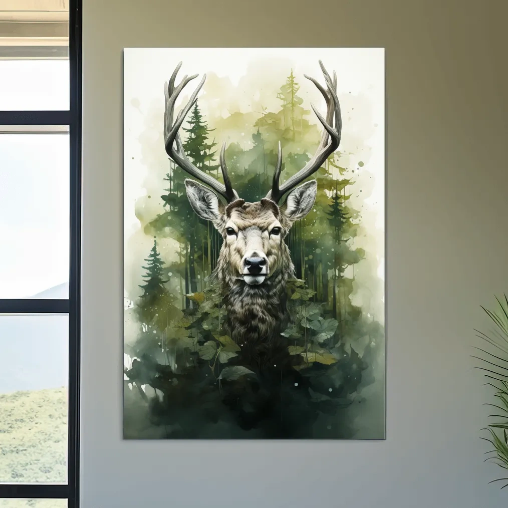 Watercolor Deer Portrait In Misty Pine Forest - Woodland Wildlife Wall Art
