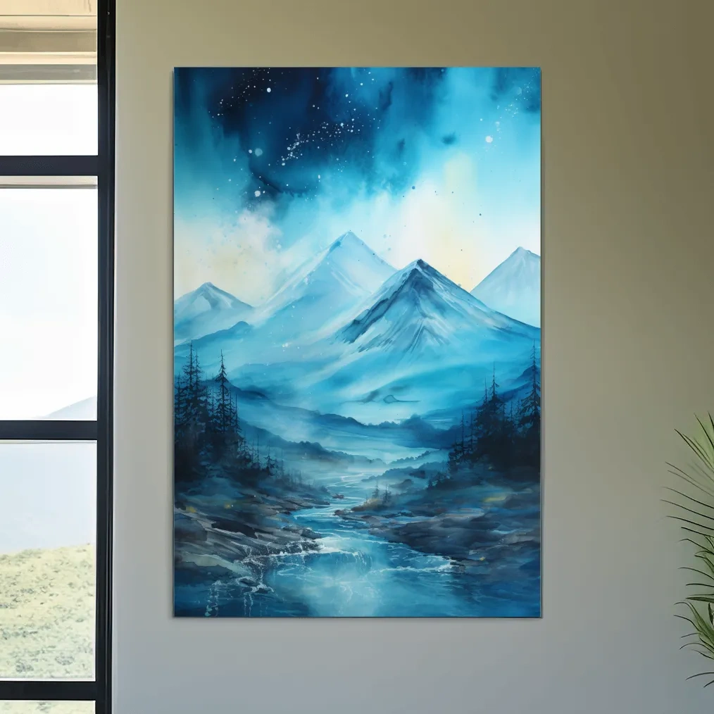 Watercolor painting, mountains under the stars