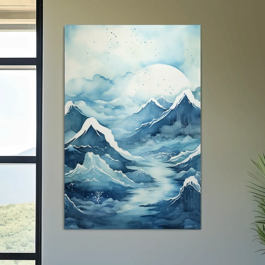 Watercolour painting, subtle blue snowy mountain peaks