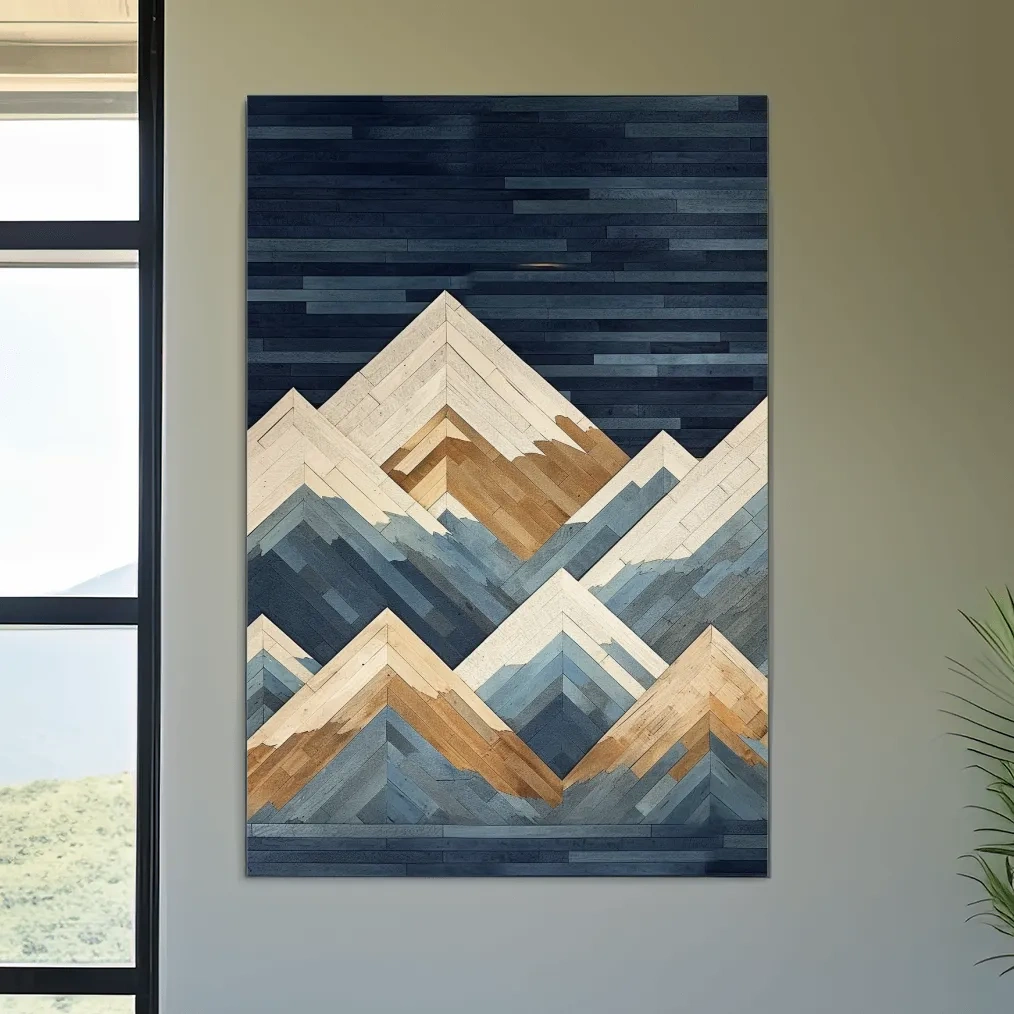 Wooden panel art, painted wood mountains