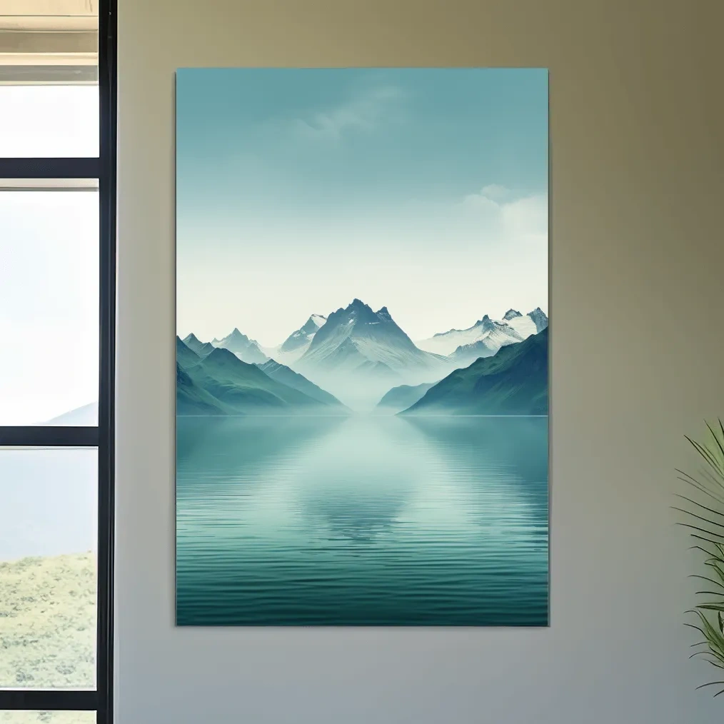 Soft, minimal art, mountains by a lake
