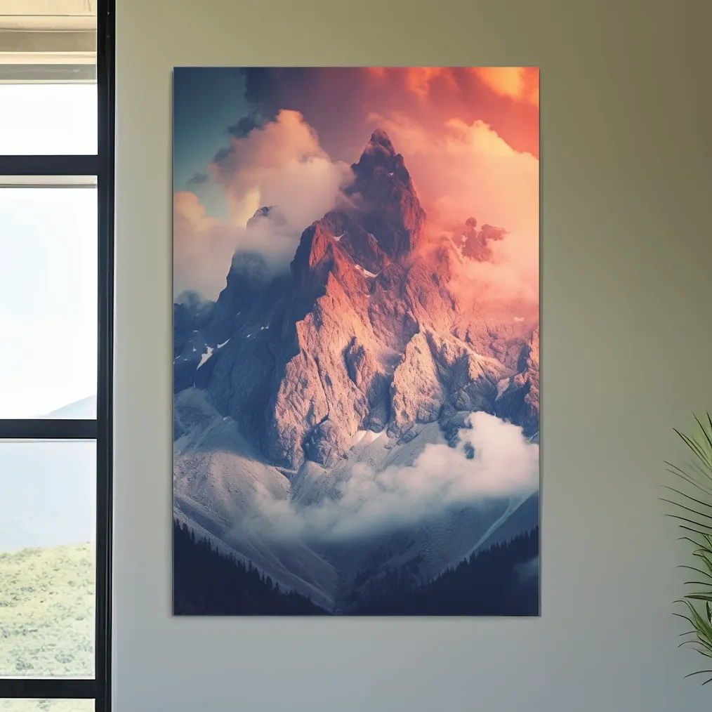 Dramatic mountain peak in colorful clouds, photographic art