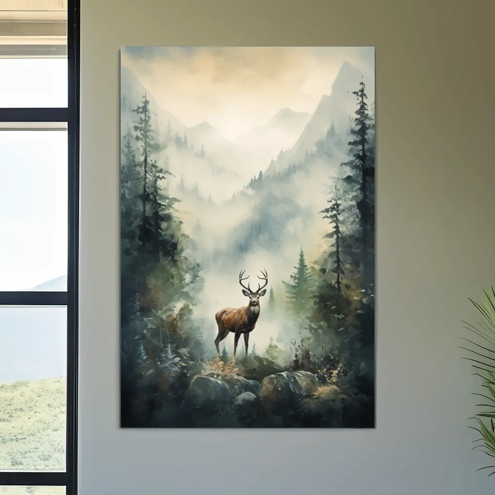 Misty Alpine Forest Deer Painting - Atmospheric Mountain Wildlife Wall Art