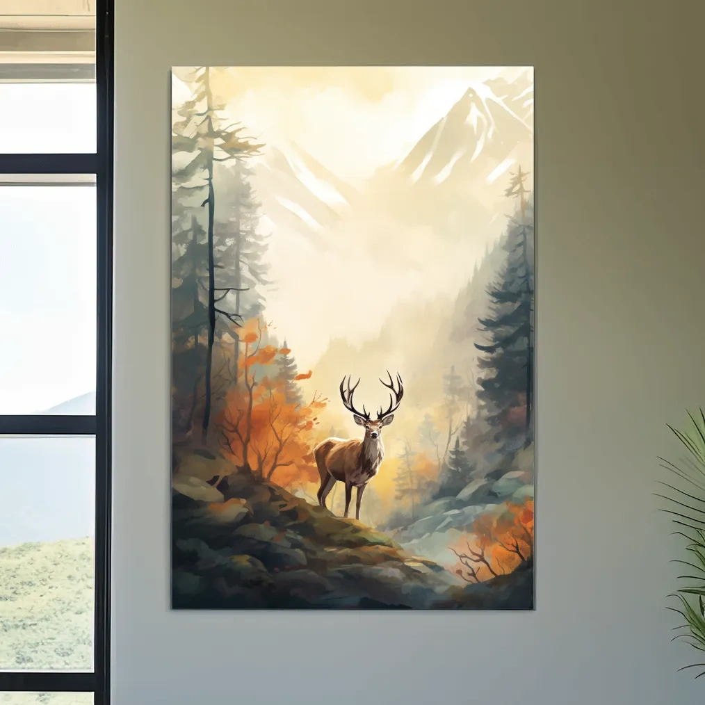 Painting of a deer standing in an autumn forest