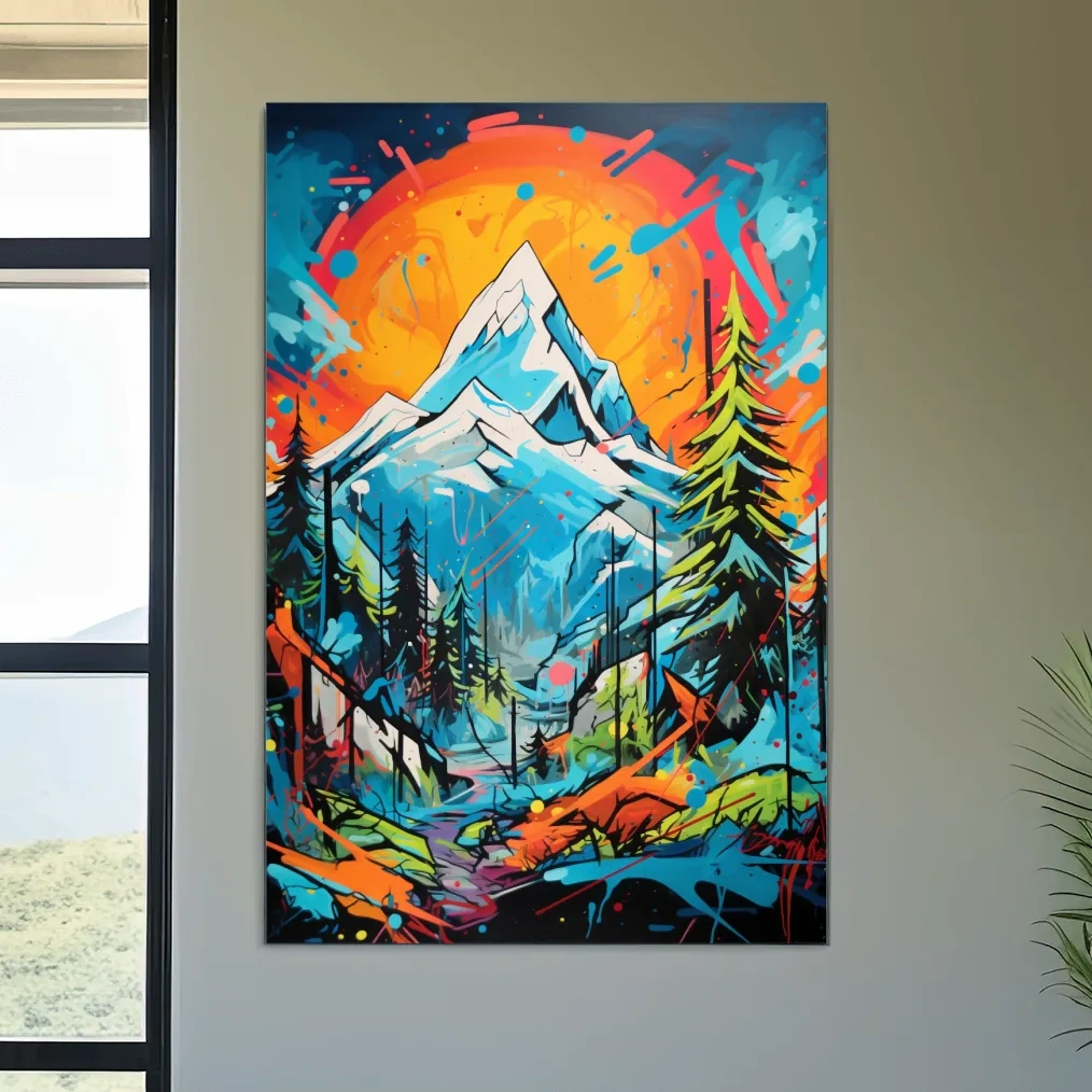 Graffitti inspired art of sunset over a glacier, vibrant wall art
