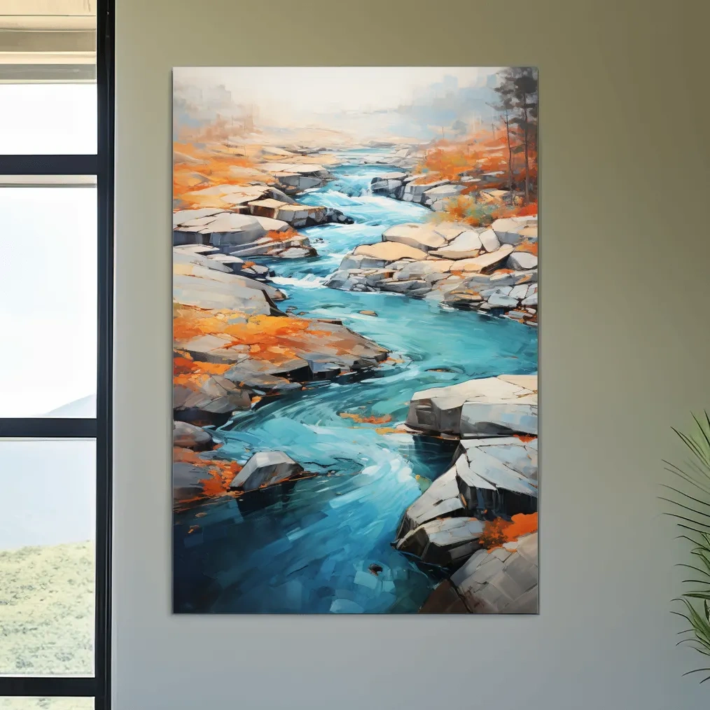 Serene painting of a river flowing through the rocks in fall