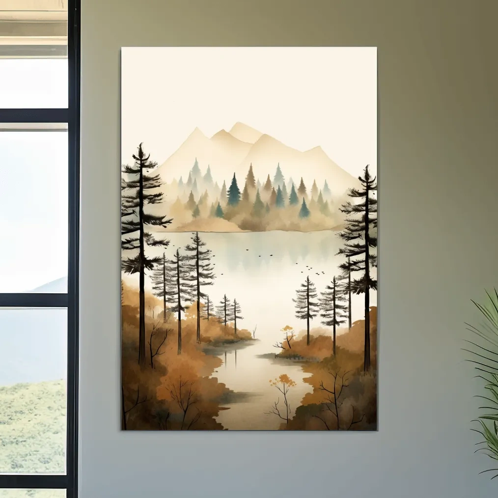 Watercolour landscape art, lakeside forest scenery in fall