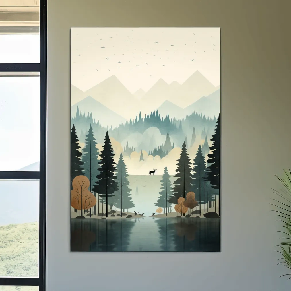 Mountain illustration, silhouette of a deer in a peaceful forest